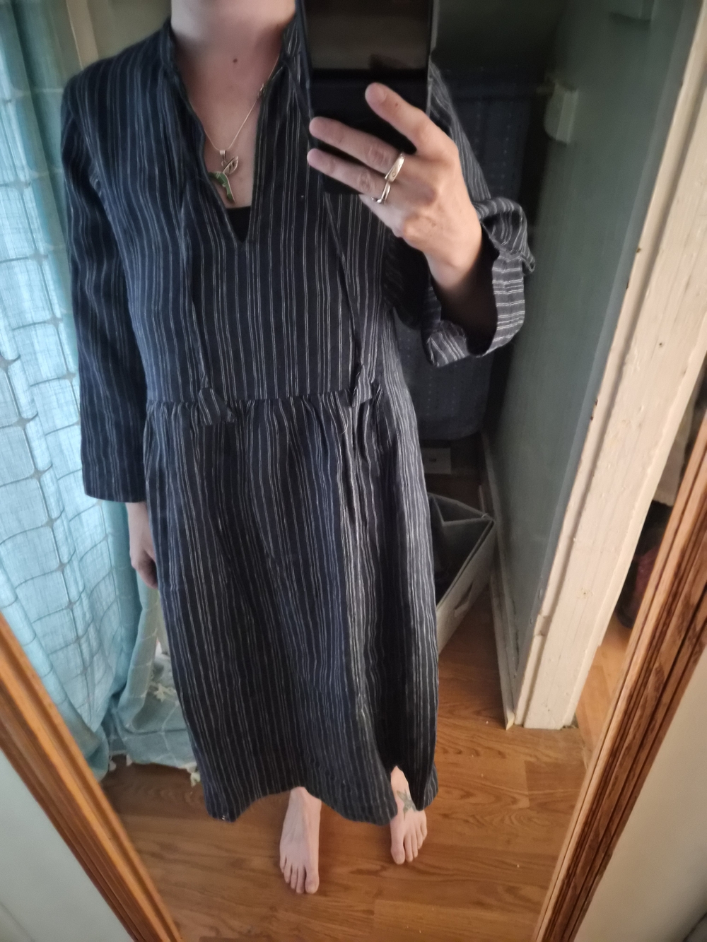 Striped Navy Midi Dress with Long Sleeves